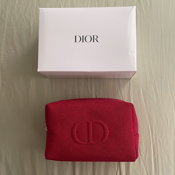 Dior Beauty Red Canvas Embossed Logo Makeup Toiletry Bag Zip Pouch - Picture 2 of 9